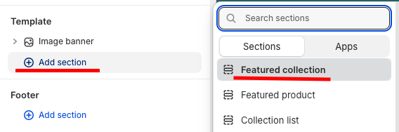 click Add Section and select Featured Collection