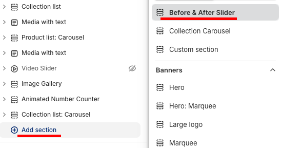 click add section and select before & after slider section.