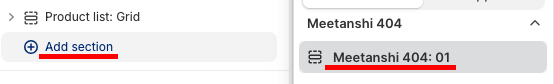 Shopify editor with Add section and Meetanshi 404:01 to create a 404 page.
