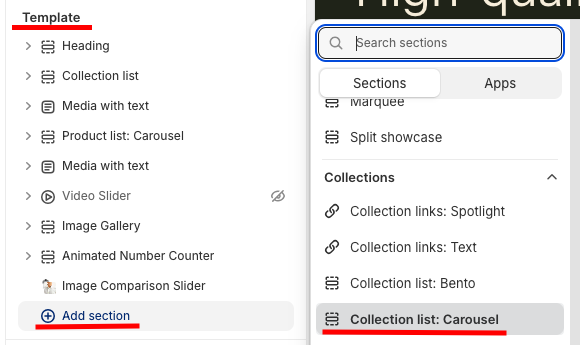 select "Collection list: Carousel" to add a Collection Slider Section in Shopify.


