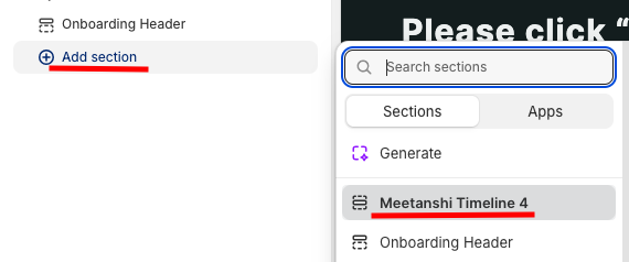 click add section and select meetanshi timeline 4.
