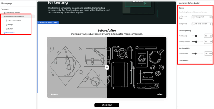 The theme editor shows the settings for a "Meetanshi Before & After" block.