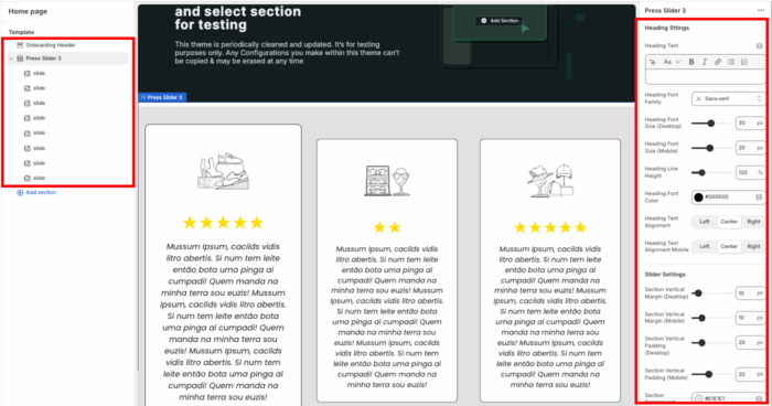 From theme editor side bar click press slider to enable editing the section