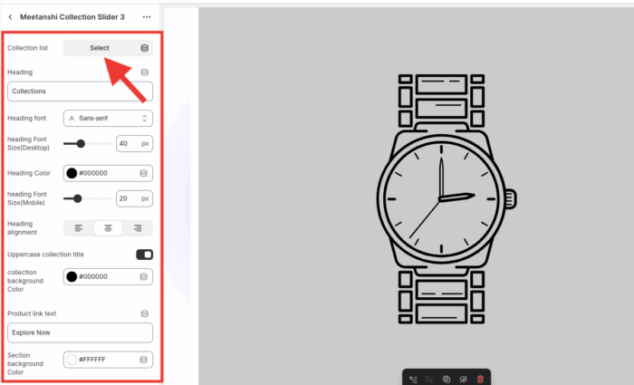 select a collection and customize the Collection Slider Section in Shopify