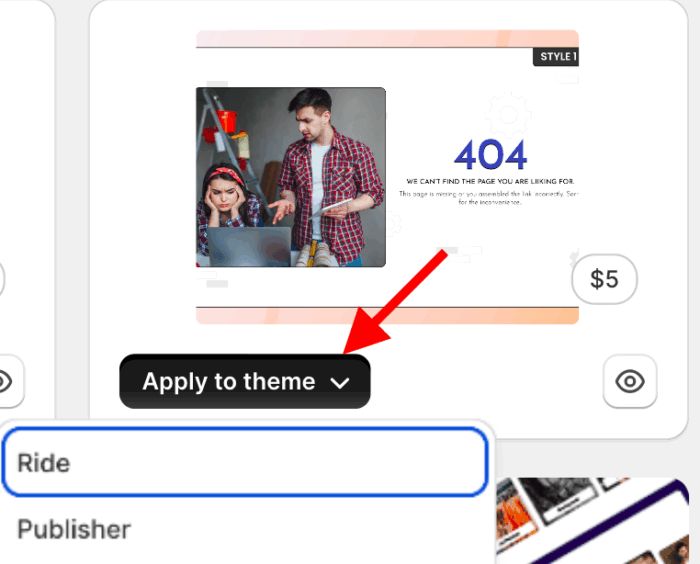 highlighting the "Apply to theme" button, illustrating how to create a Shopify 404 page.