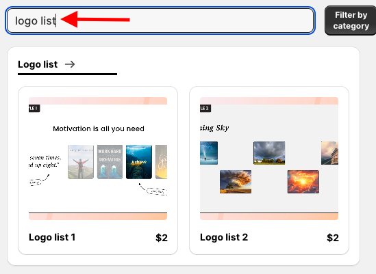 In the app dashboard, click browse section and search for logo list.