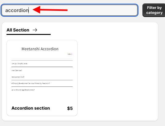 On the app dashboard, click browse section and search accordion.