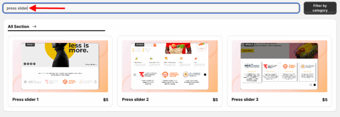 On the app dashboard, click browse section and search for press slider.