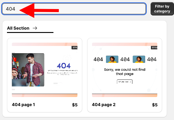 A search results page showing “404” to help create a Shopify 404 page.