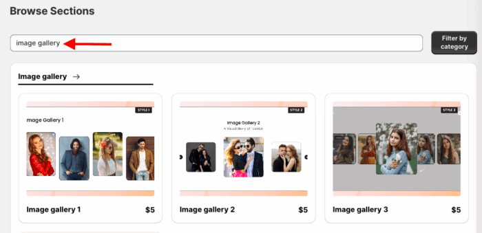 Select image gallery section from the MIT Sections Pro app dashboard. 

