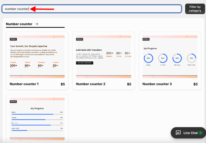 A search for "number counter" shows multiple options.