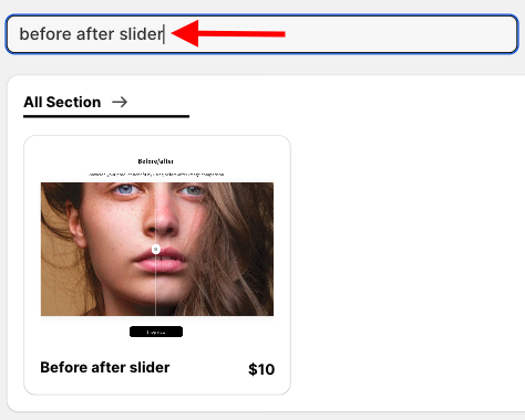 shows a search for "before after slider" with a preview of the section