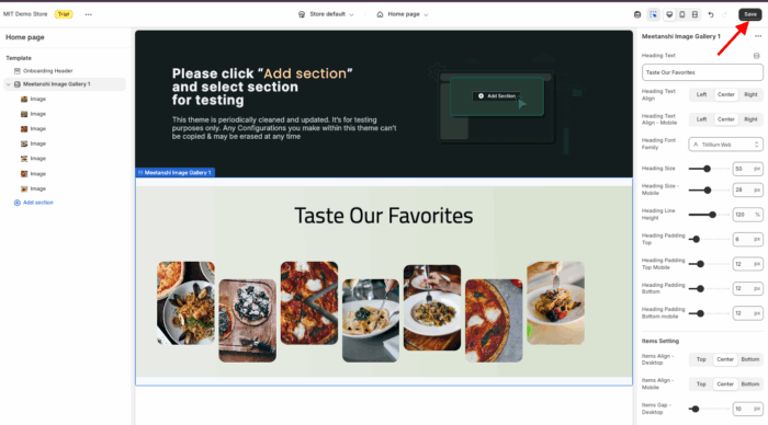 Save the changes of the image gallery section