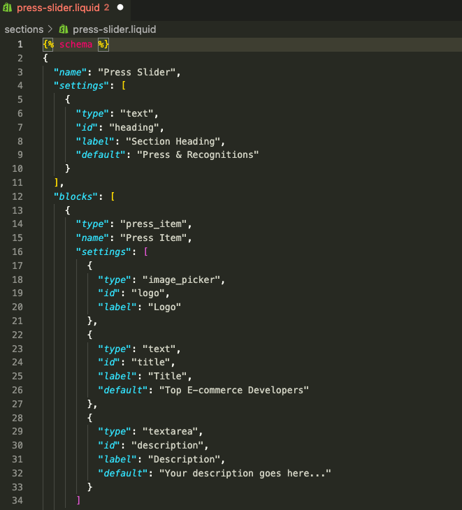 Custom code to add the press slider in shopify.
