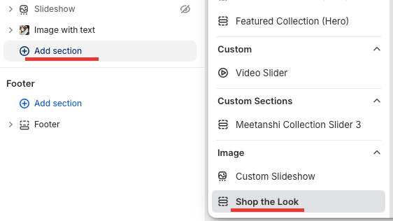click the Add section and choose your new Shop the look section to add it.