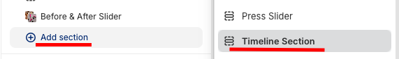 process to create a Shopify timeline by adding a section and selecting Timeline Section