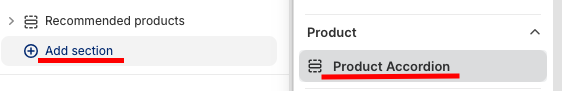 click add section from the left sidebar and select product accordion.
