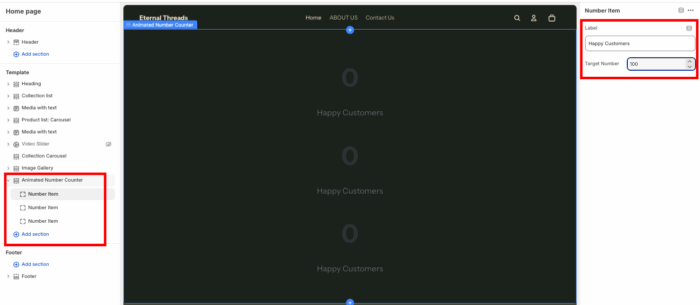 Editing a Shopify number counter section in the theme editor