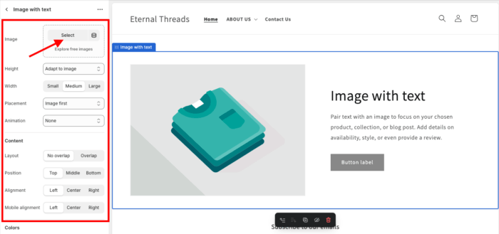 customizing the settings for a Shopify media with text section