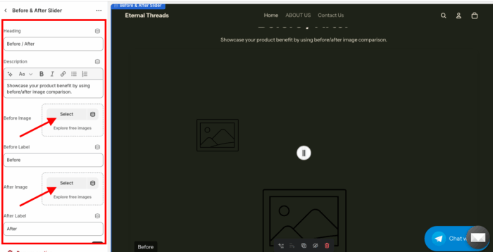 edit setting and select images for a Shopify before and after slider.