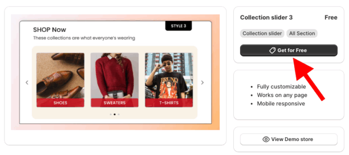 Collection slider 3 preview with a "Get for Free" button.