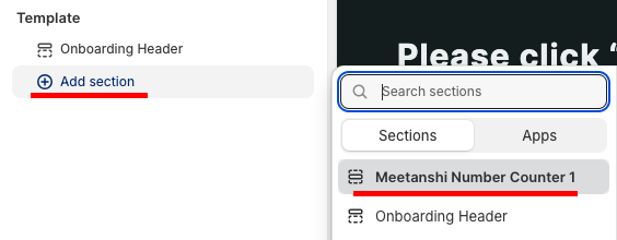 choosing a "Meetanshi Number Counter" to add a section in Shopify 

