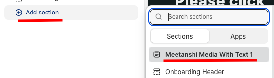 In Shopify theme editor, selecting "Meetanshi Media with Text" section
