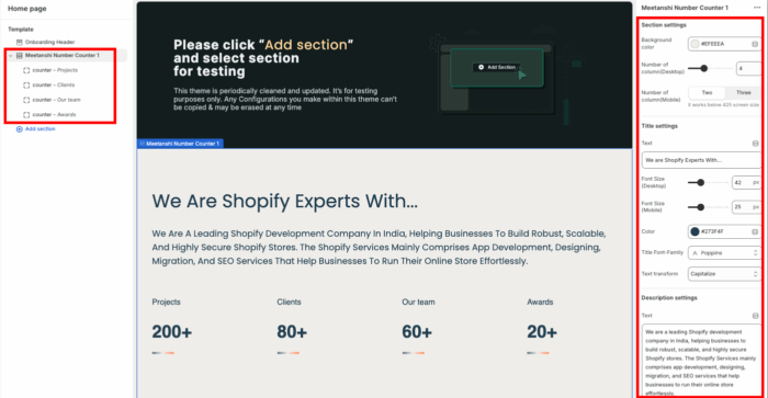 Editing a Shopify number counter section in the theme editor. 