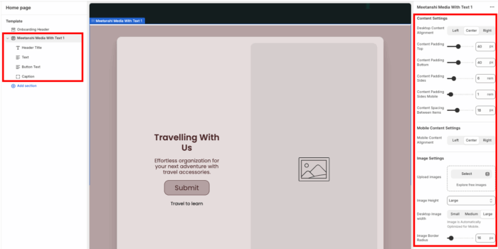 Customizing the media with text section in the theme editor