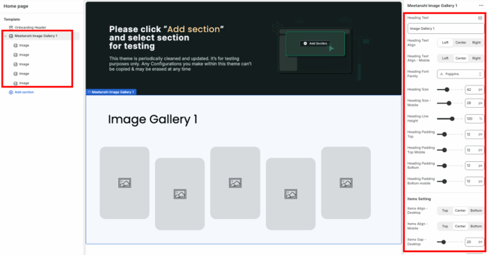 Editing the settings for the "Meetsanshi Image Gallery 1" section