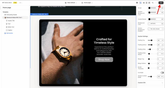 Click save after making changes in the media with text section