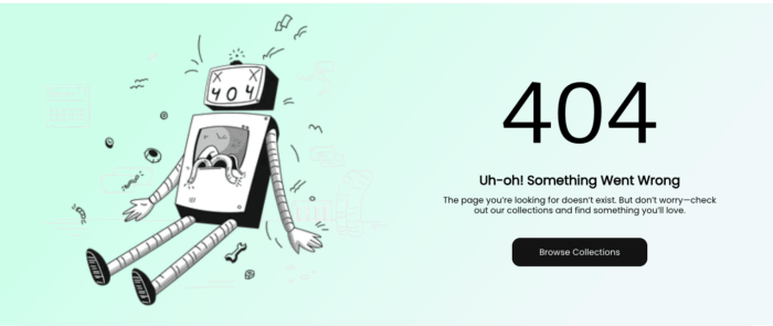 A finalised preview of the Shopify 404 section using an app.