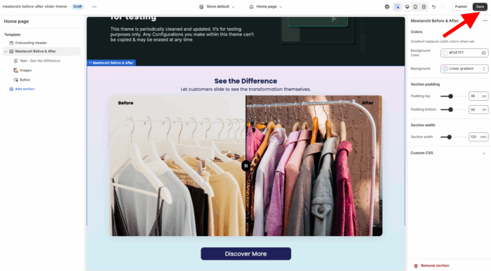 Customized the before & after slider in Shopify and click save changes