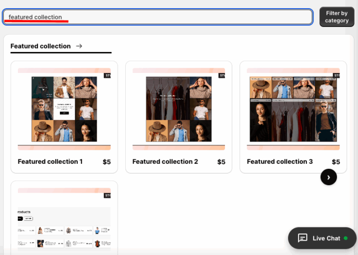 search for the featured collection section