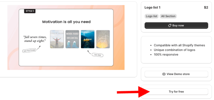 Click on the try for free button to add Shopify logo list.