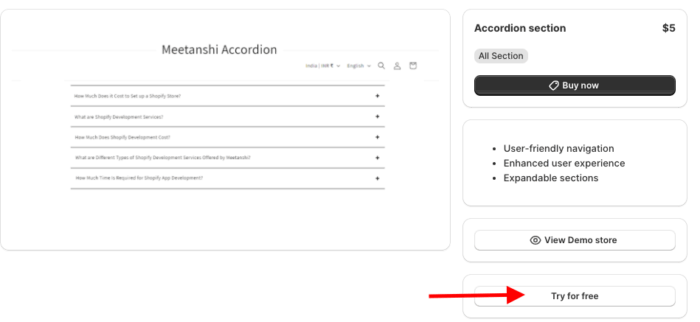 Click try for free to add accordion section to Shopify product page