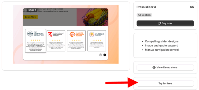 Click try for free to add a press slider in shopify