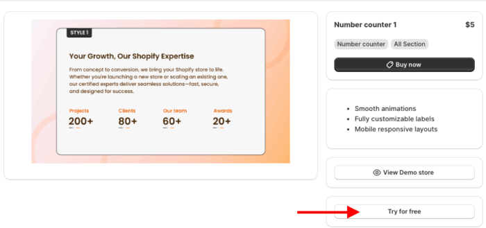 Selecting try for free in the number counter section.