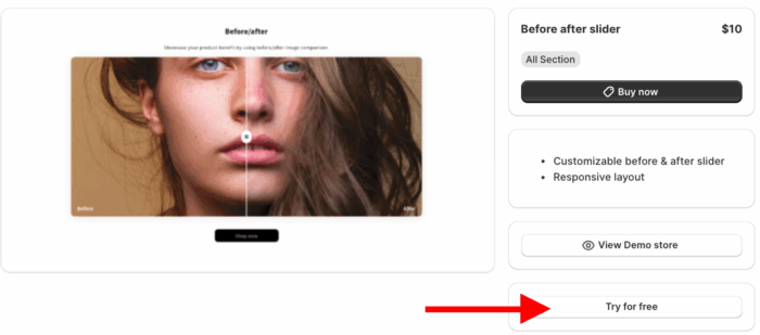 A preview of a Shopify before and after slider with a "Try for free" button.