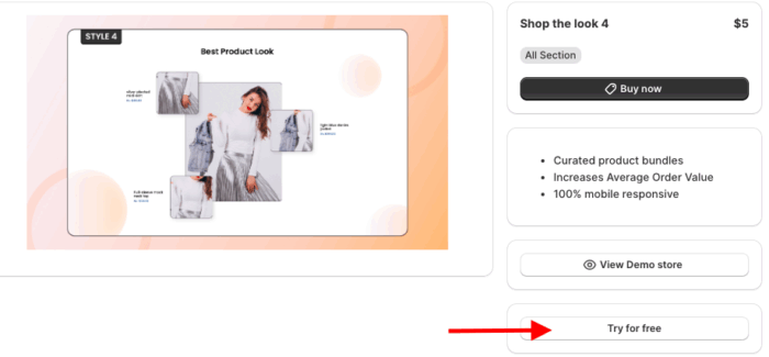 Click try for free on the selected shop the look section