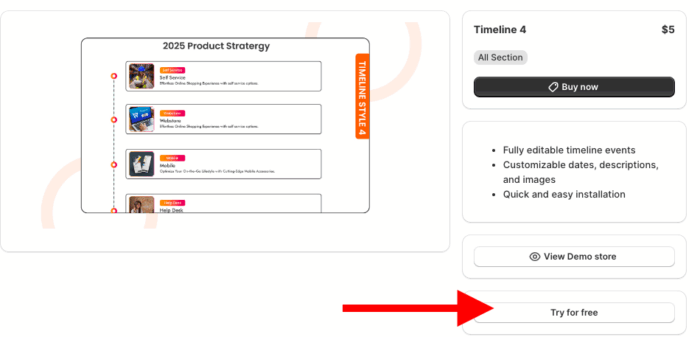 Click "Try for free" button to create a Shopify timeline.