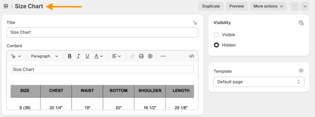 Add details to the size chart page on Shopify