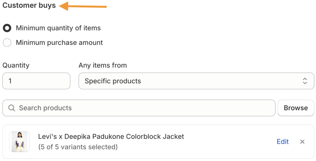 Setting for product X on Shopify