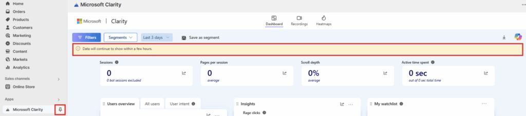MS Clarity installed in a Shopify store