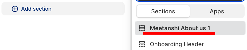from the left sidebar click the Add section and select Meetanshi about us 1.
