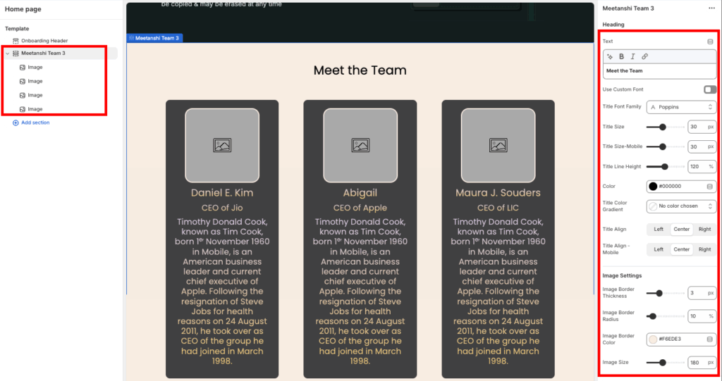 Edit the section from the sidebar using multiple customisation features. 