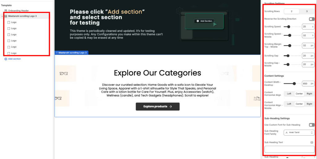 Shopify Theme Editor customizing the section. Easily Add a Scrolling Logos Section in Shopify.