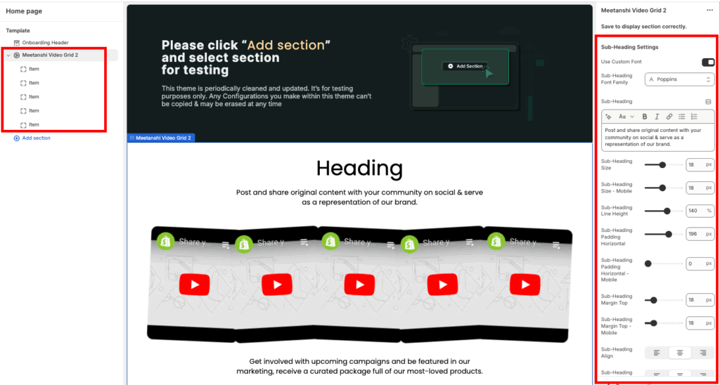 using sidebar, customise the video grid section