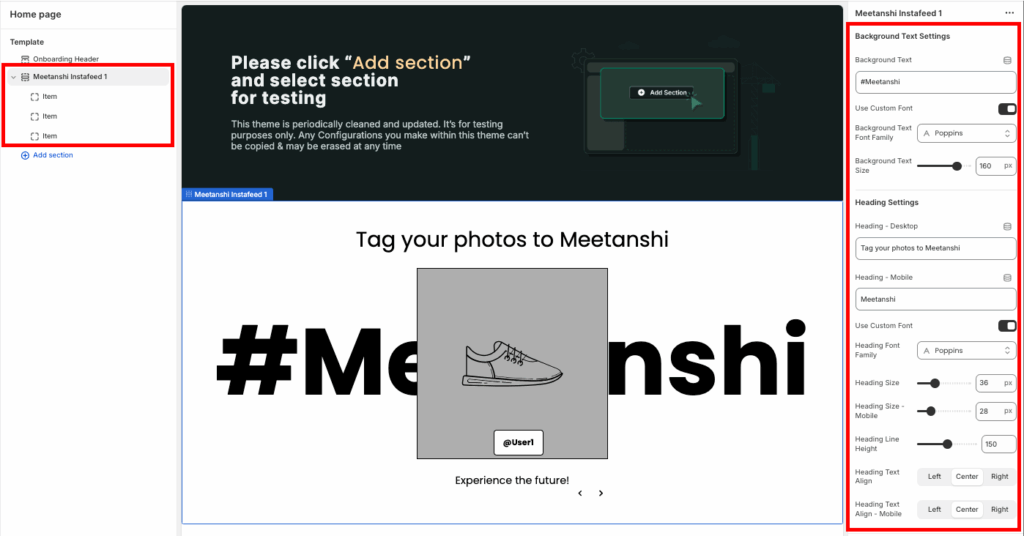 Edit the section from the sidebar to add an instafeed section in Shopify.