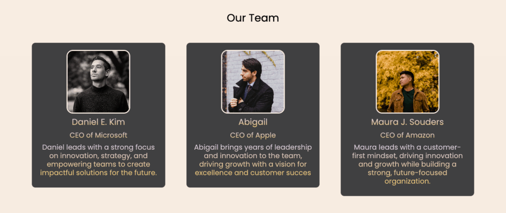 Preview of the team section using an Shopify app.